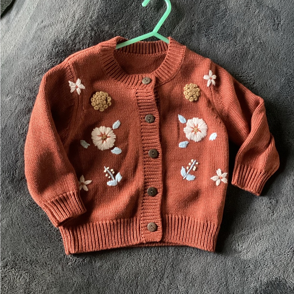 Rust Cardigan with Floral Embroidery
